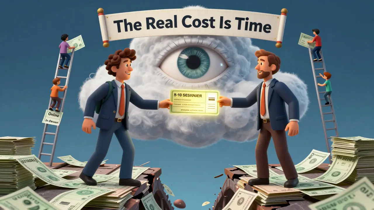 Dvojice na rozbíjející se mostě z účtů, táhnoucí se k sobě s výkazem 8–10 sezení.