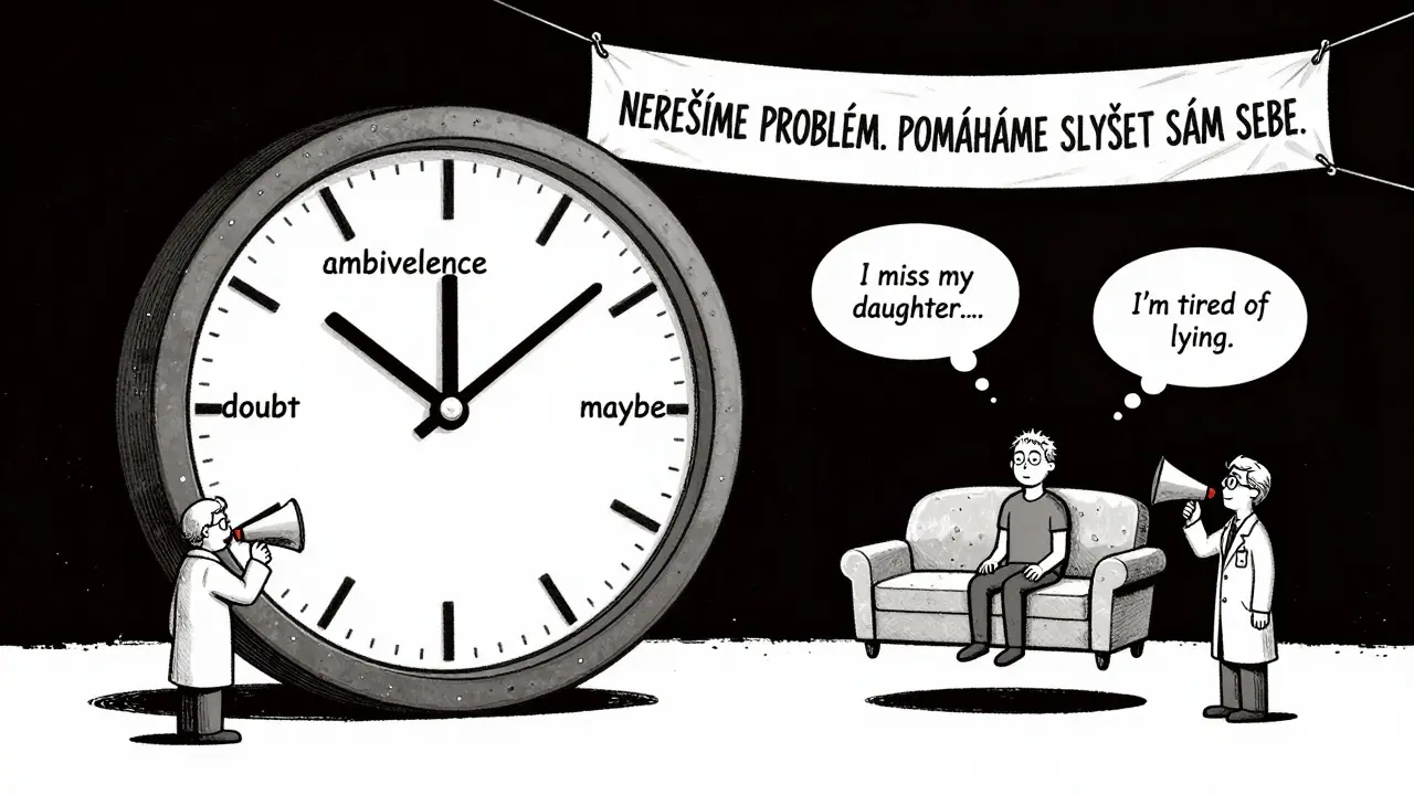 Hodiny symbolizující ambivalenci, terapeuti šeptají, že cílem je slyšet sebe sama.