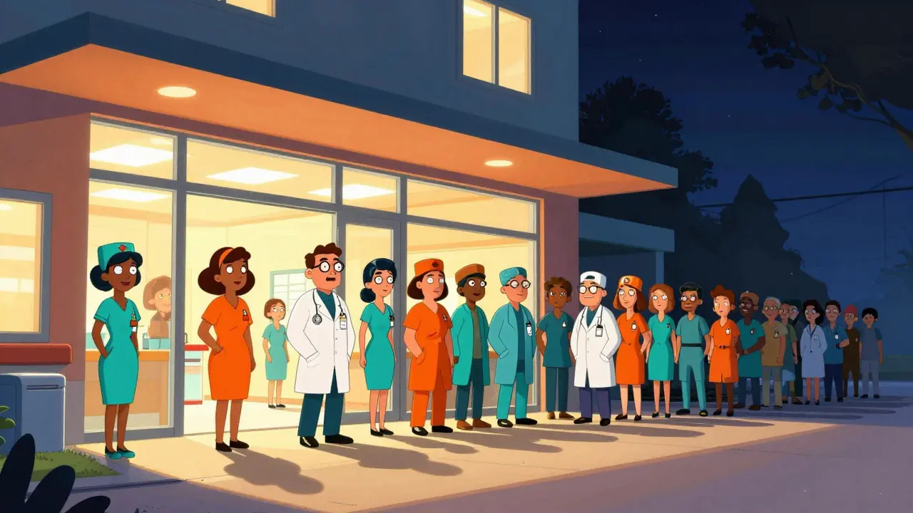 Ilustrace týmu lékařů stojících u brány centra duševního zdraví.