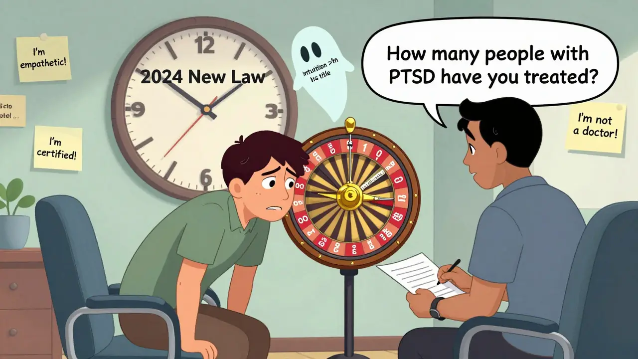 Klient se ptá na zkušenosti s PTSD, zatímco hlava terapeuta je ruletou s odpověďmi jako '0' a 'Možná?'