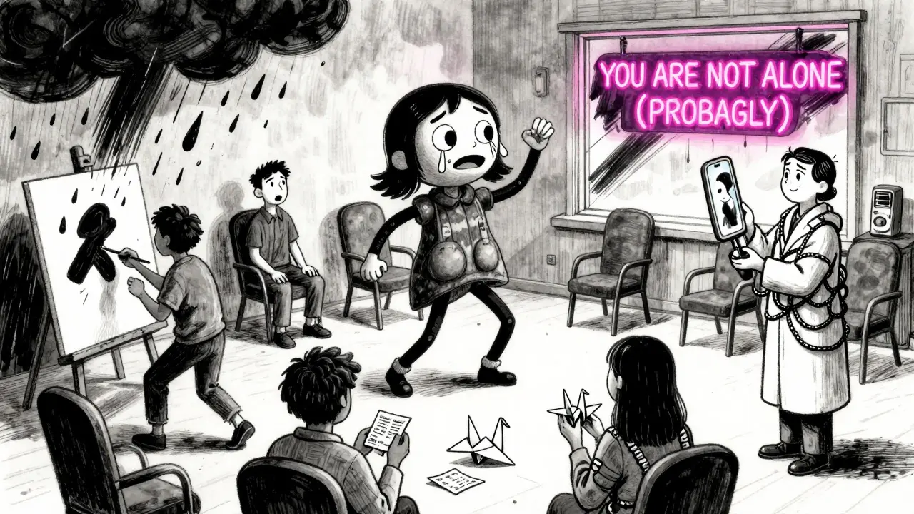 Lidé ve skupinové terapii vyjadřují emoce malováním, tancem a origami, terapeut drží zrcadlo s prázdnými židlemi.