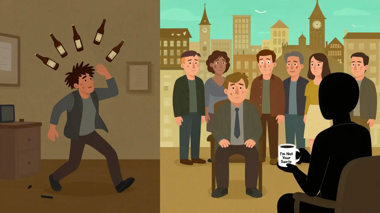 Muž před a po terapii, jeho obličej se proměňuje v podobu ostatních, symbolizující sdílenou bolest.