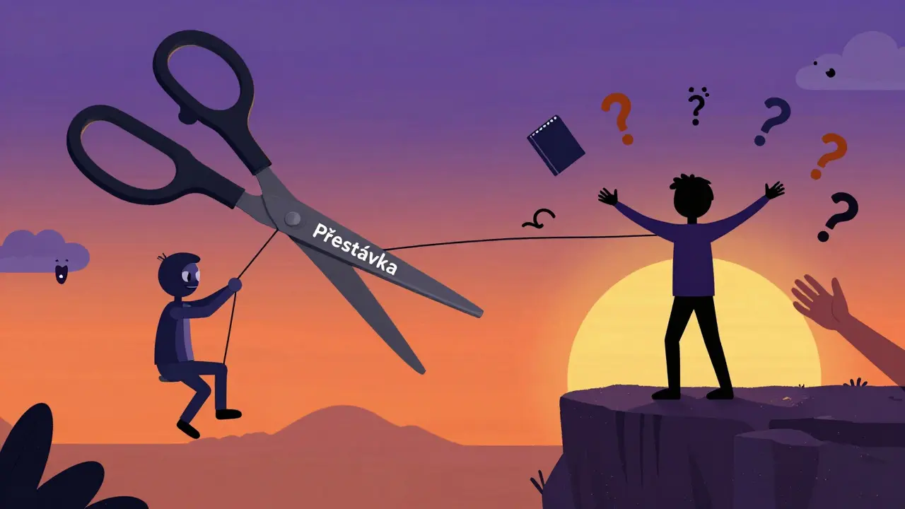 Nůžky přerušují nit mezi závislou osobou a terapeutem, zatímco osoba sama stojí na skále při západu slunce s nástroji pro sebeoporu.