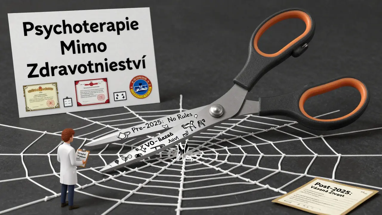 Nůžky řežou chaos nekvalifikované psychoterapie, vytvářejíce čisté cesty podle nové legislativy z roku 2025.
