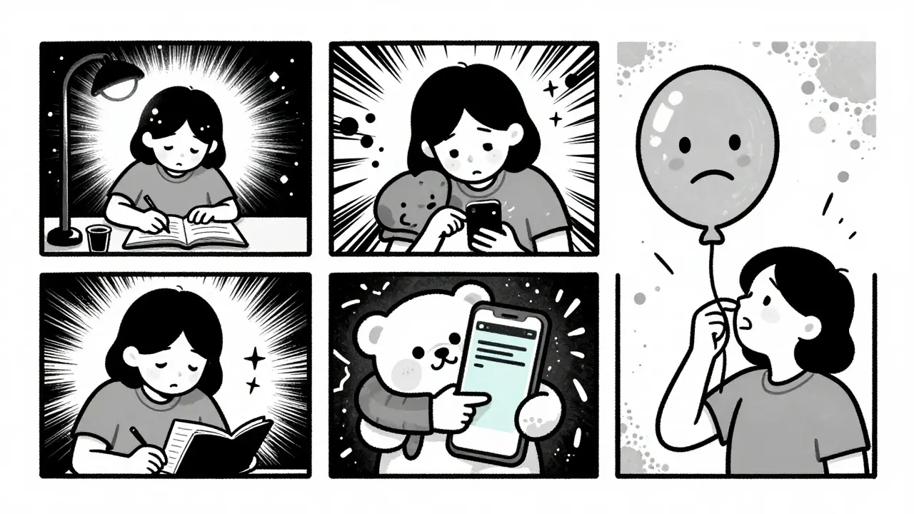 Osoba během přestávky zapisuje myšlenky, dýchá a drží panáčka, scény jsou znázorněny jako kreslené panelové rámečky s hrubými černými obrysy.