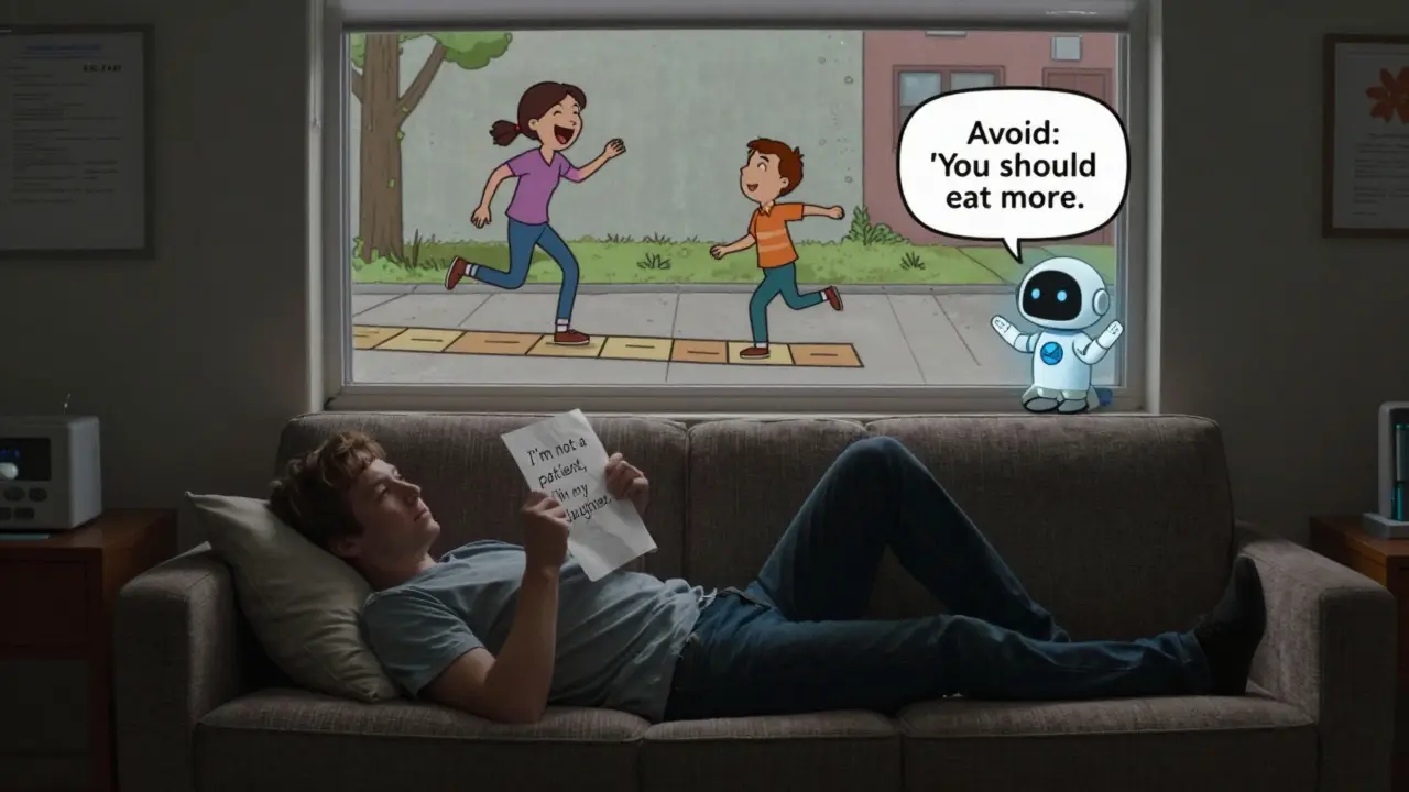 Osoba v terapii drží papír 'Jsem dceří, ne pacientkou', venku hraje s rodičem na chodníku.