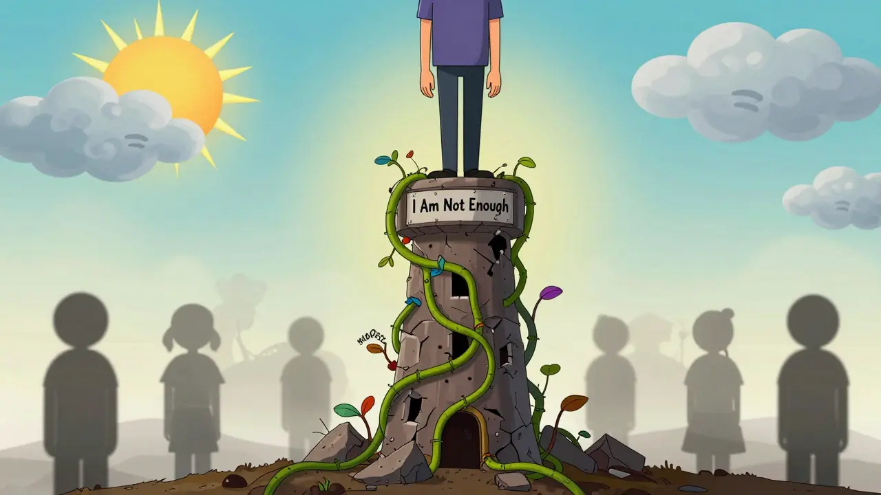 Person rising from crumbling self-worth tower as somatic and DBT vines lift them toward sunrise.