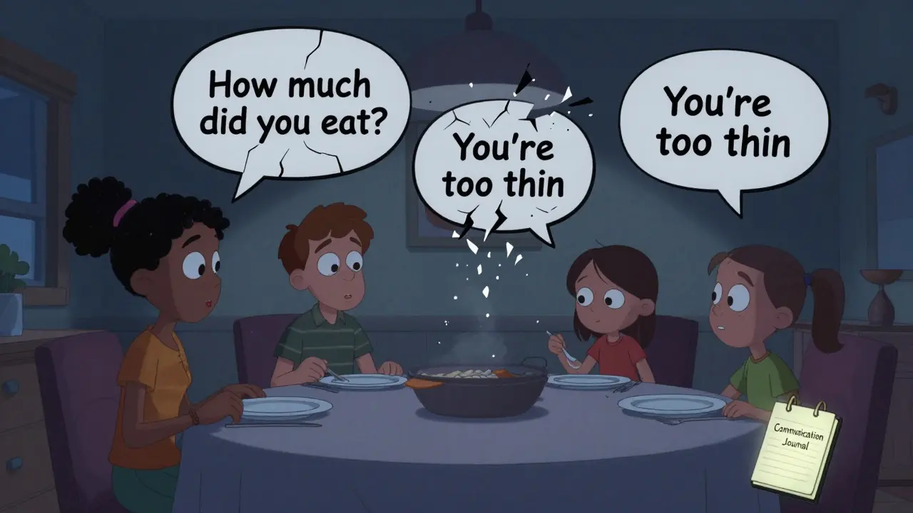 Rodinná večeře s praskajícími speech bubble 'Jesně jsi dost?' a 'Jsi příliš hubená', v tichém, tajemném prostředí.