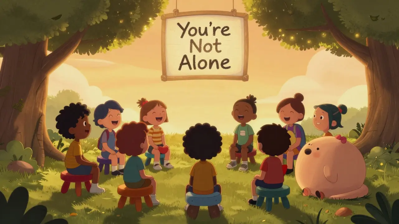 Skupina dětí se směje pod stromem, každá drží unikátní stolici, symbol podpory a přijetí.