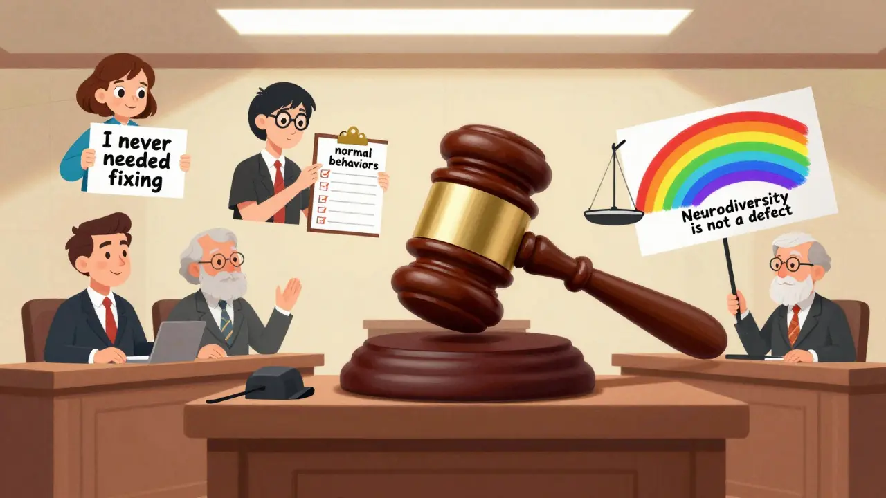 Soudní síně s hlavou jako soudcem, kde se srovnávají normy a spektrum neurodiverzity — jedna postava drží plakát: 'Nepotřeboval jsem opravit.'