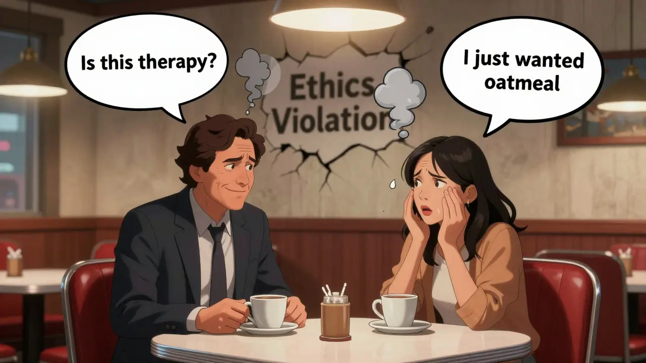 Terapeut a klient sedí u stolu v restauraci, klient vypadá šokovaně, terapeut se usmívá nevhodně.