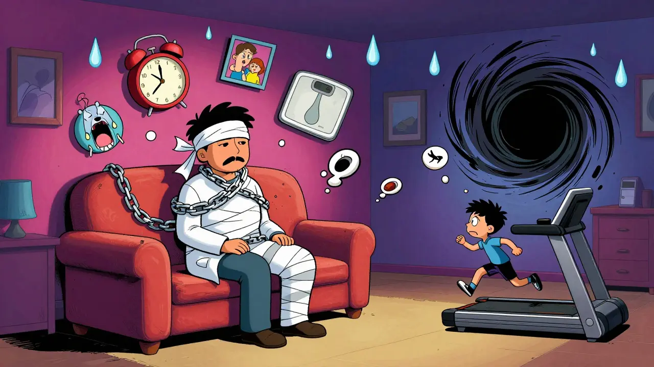 Terapeut a pacient na plavající křesle, kolem nich se vznášejí symboly závislosti na cvičení a ztráty identity.