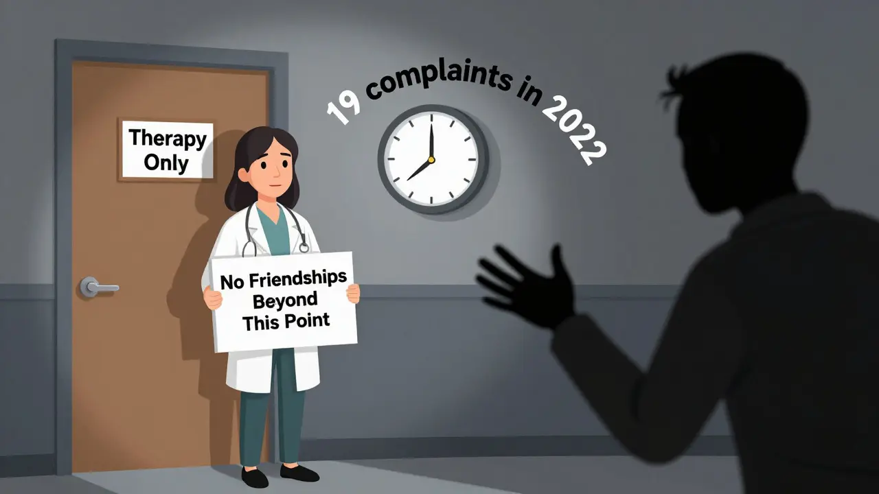 Terapeut drží značku 'Pouze terapie' zatímco bývalý klient žádá o návrat.