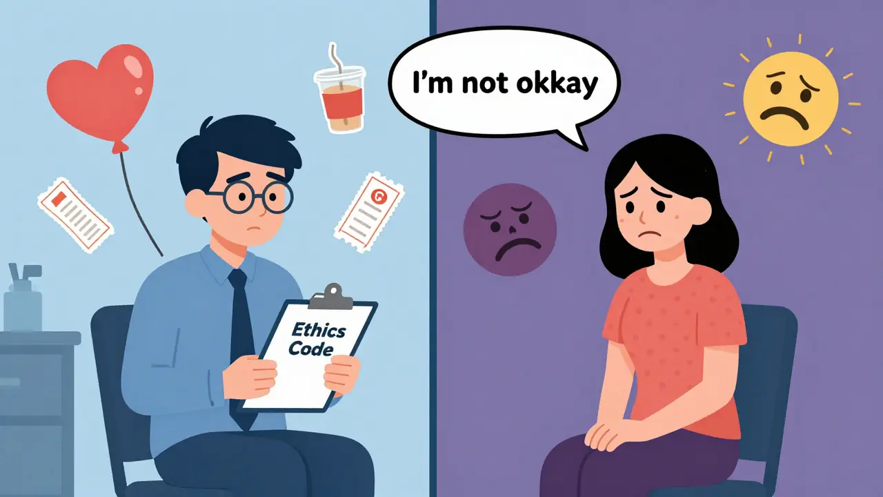 Terapeut odmítá přátelské nabídky, zatímco klient je obklopen svými emocemi bez soudce.