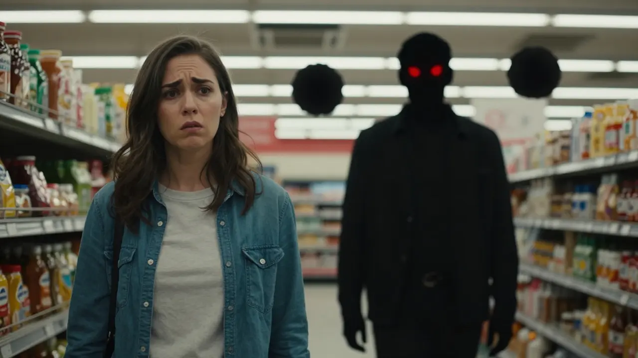 Terapeut úplně ignoruje klienta v supermarketu, klient vypadá zmateně a zraněně.