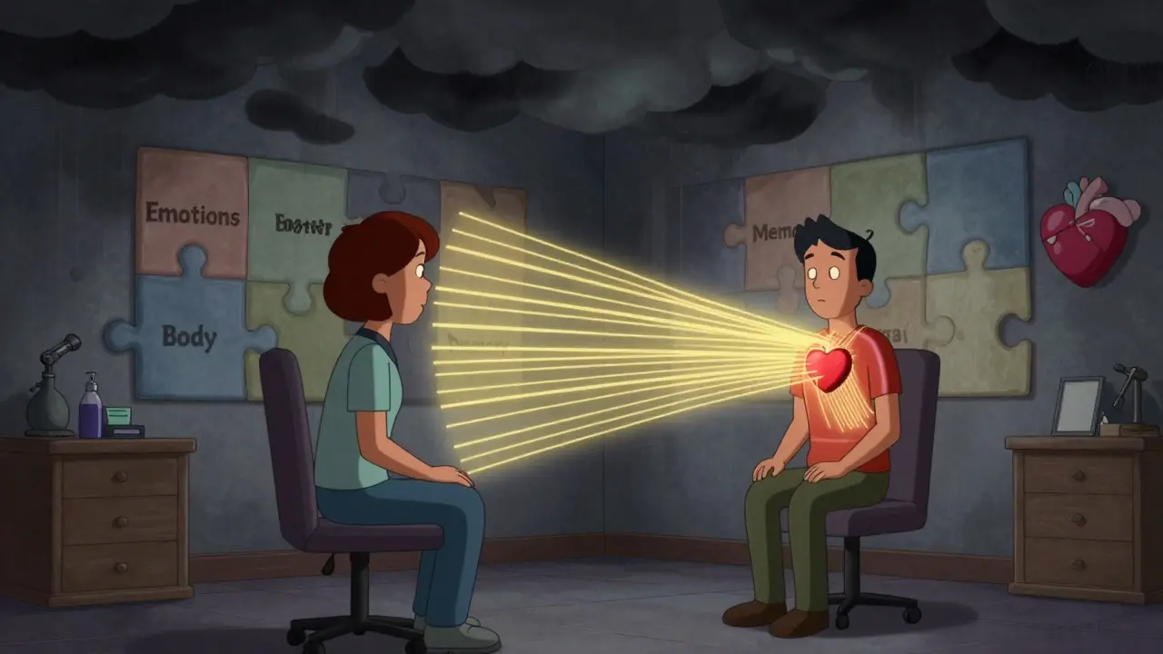 Therapy session with floating emotion puzzle walls and rhythmic EMDR pulses calming chaotic storm clouds.