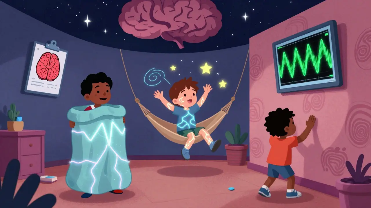 Tři děti ve smyslové terapeutické místnosti používají zátěžové deky, houpačky a textury pro regulaci podnětů.