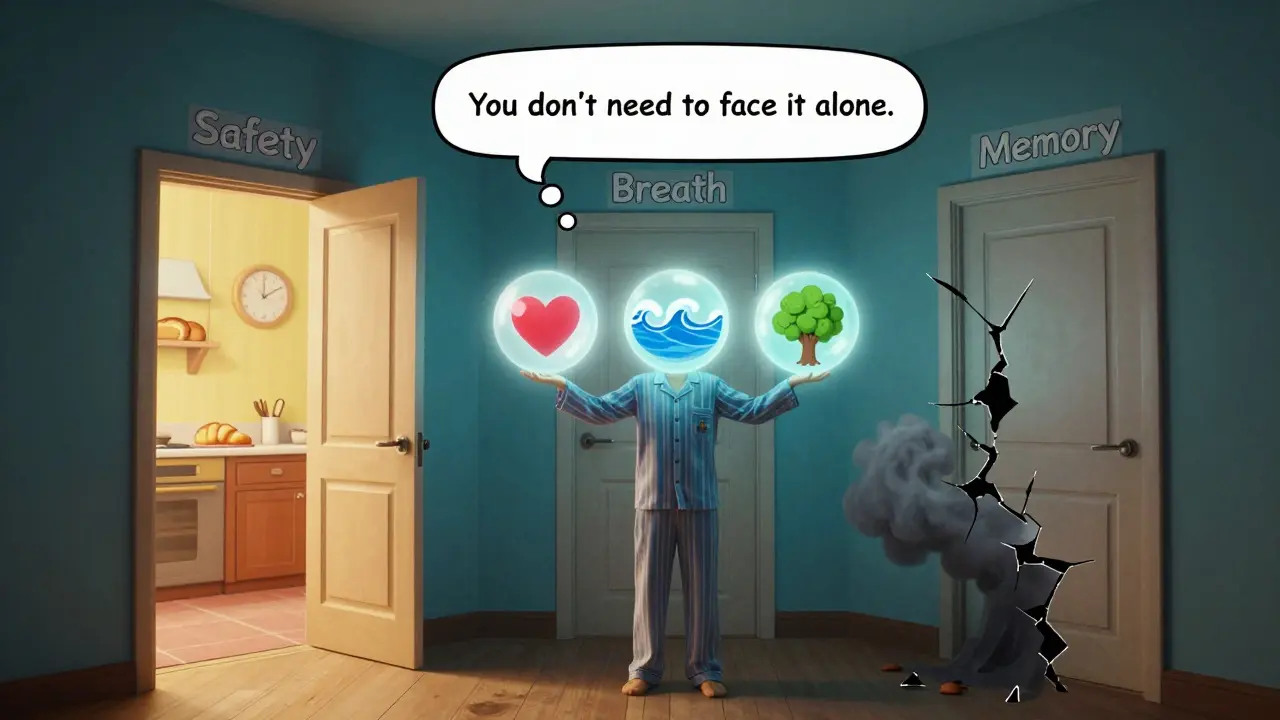 Tři dveře symbolizující bezpečí, dech a vzpomínku, s jednou otevřenou na klidnou kuchyni, zatímco osoba drží tři světelné koule.