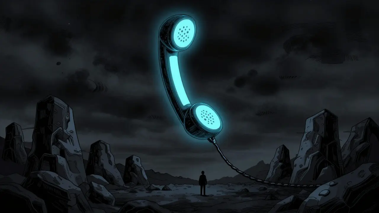 Velký telefonní sluchátka visící jako záchranné lano v temné scéně.