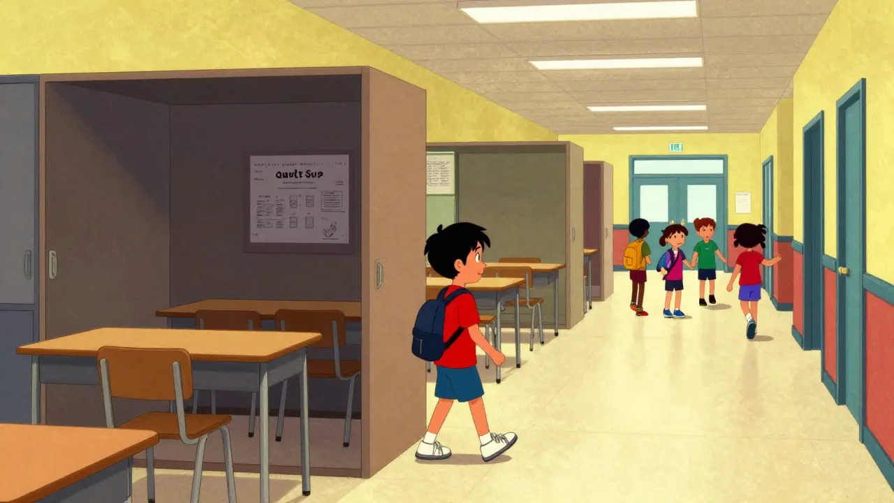 Dítě přecházející z bezpečné speciální třídy do společného školního prostoru.