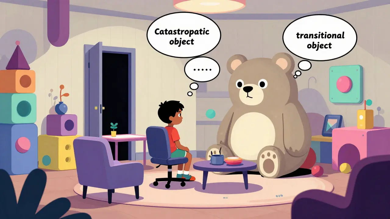 Dítě v terapeutické místnosti s obří plyšovou hračkou a abstraktními bublinami myšlenek.