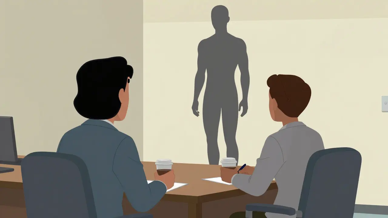 Dva terapeuti diskutující o anonymní, šedé siluetě klienta během supervize.