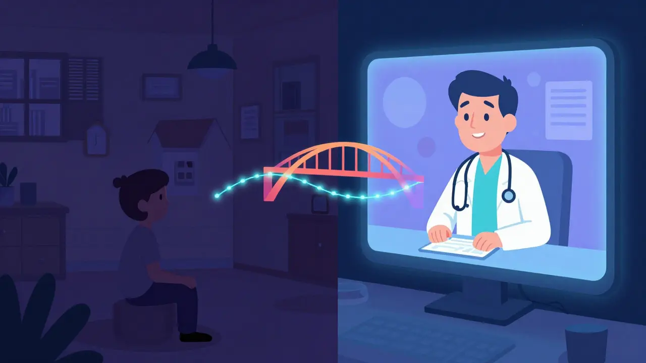 Expat v osamělém bytě komunikující s terapeutem přes obrazovku počítače.