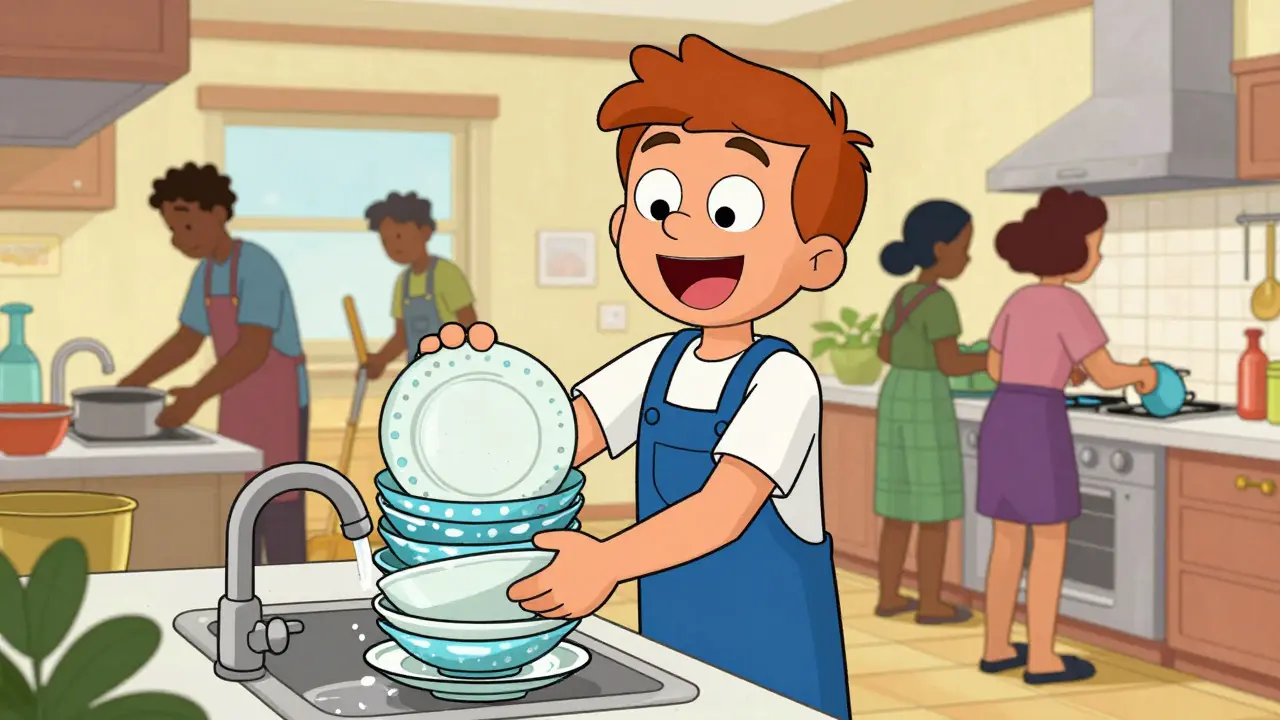 Ilustrace klientů v komunitě při společné práci v kuchyni jako součást resocializace.