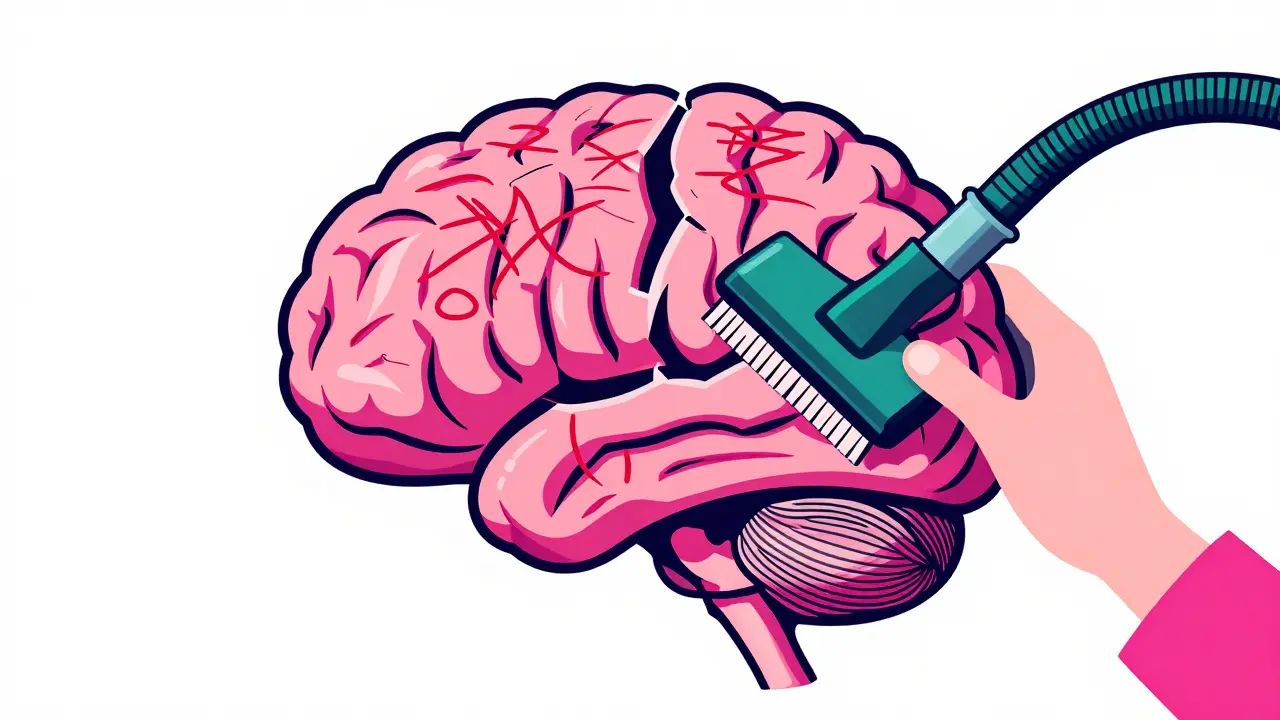 Ilustrace mozku, kde jsou chaotické myšlenky nahrazovány klidem a řádem.