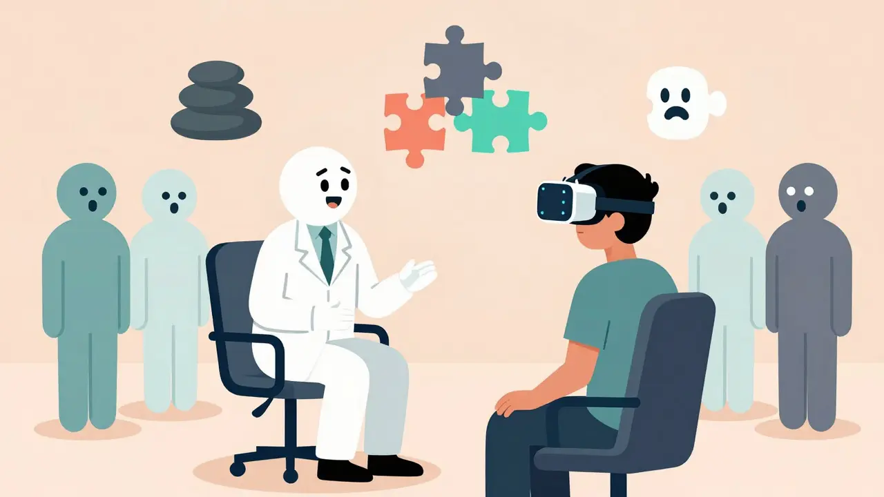 Ilustrace pacienta v VR brýlích během psychoterapie v moderním animačním stylu.