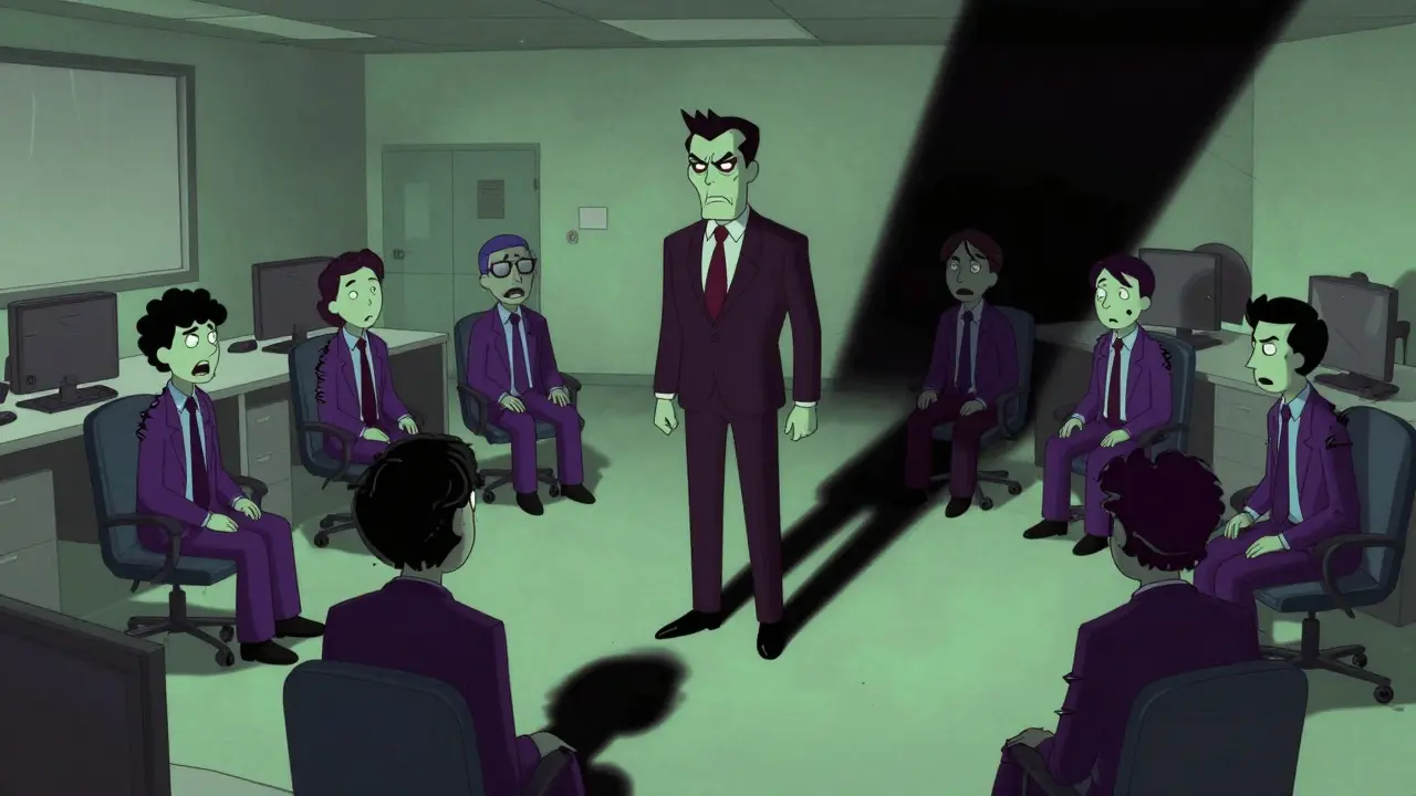 Ilustrace vyhoření a toxické atmosféry v kanceláři s groteskním šéfem.