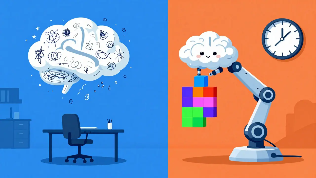 Kognitivně behaviorální terapie jako proces organizace mysli do barevných bloků.