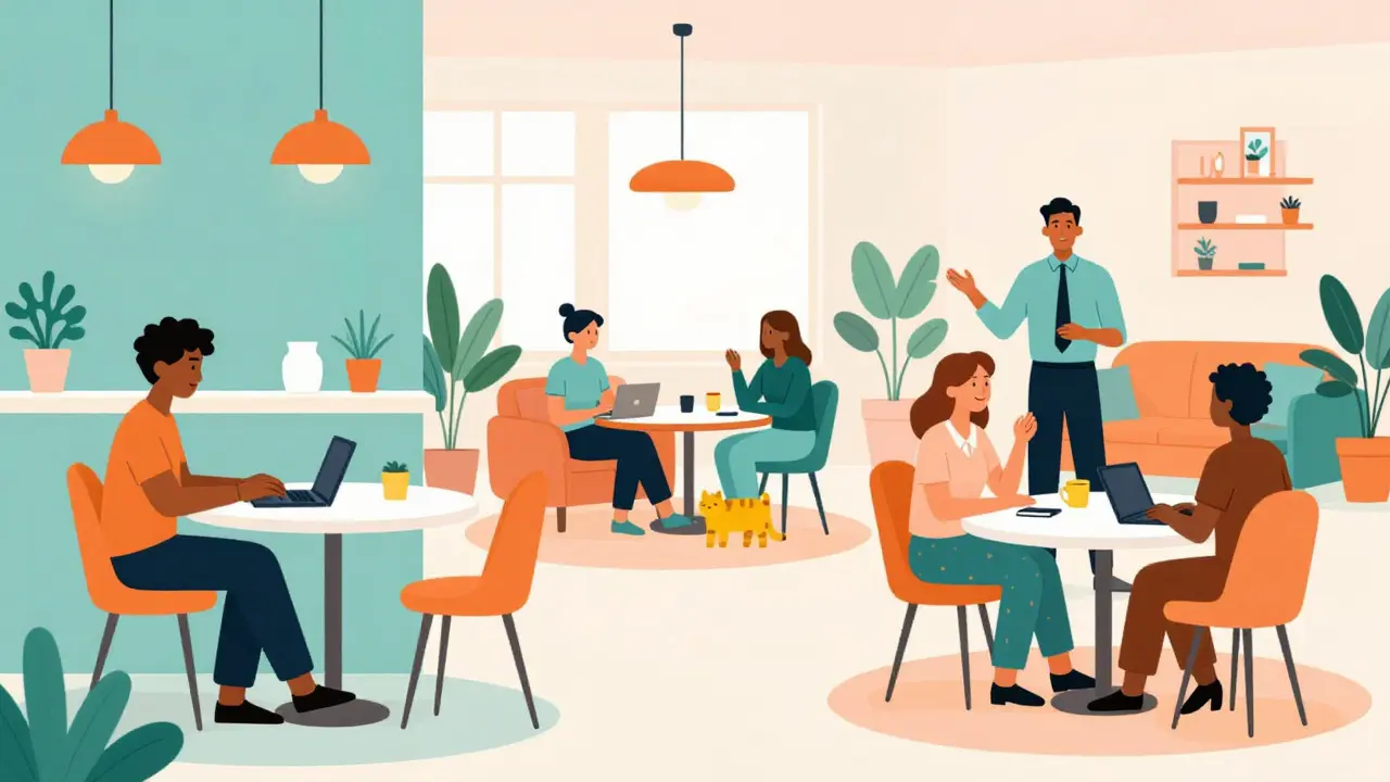 Kolegové pracující flexibilně z domova a kavárny v barevném, moderním stylu.