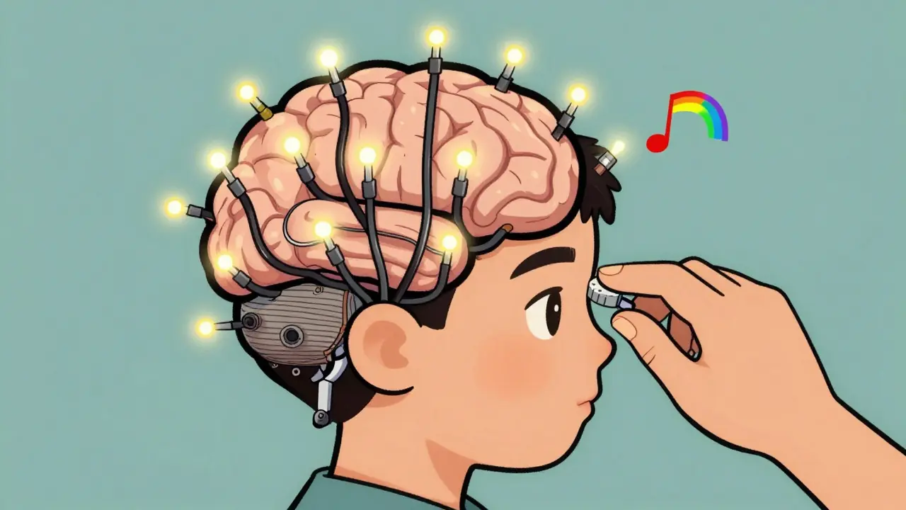 Konceptuální ilustrace mozku dítěte, kde léky odstraňují chaos a uvolňují kreativitu.
