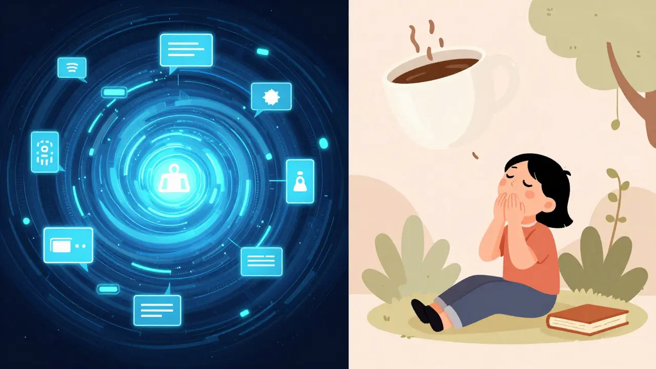 Kontrast mezi digitálním stresem a klidnou mikro-pauzou pro dýchání.