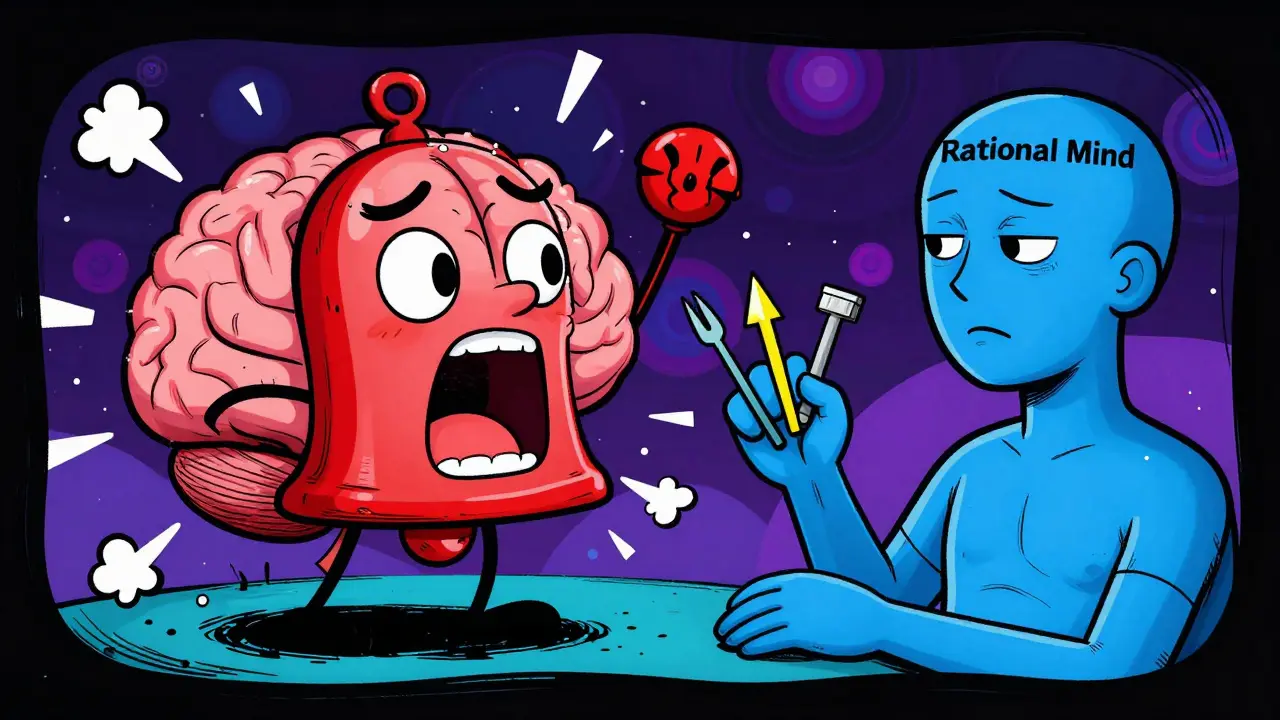 Kresba mozku v stylu Adult Swim s personifikovanou amygdalou v chaosu.