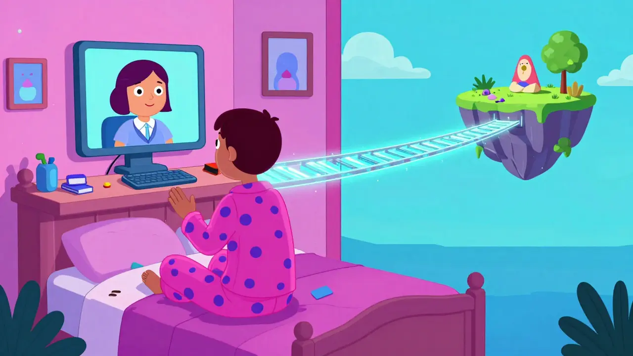 Kresba osoby při online terapii z pohodlí domova s digitálním mostem k pomoci.