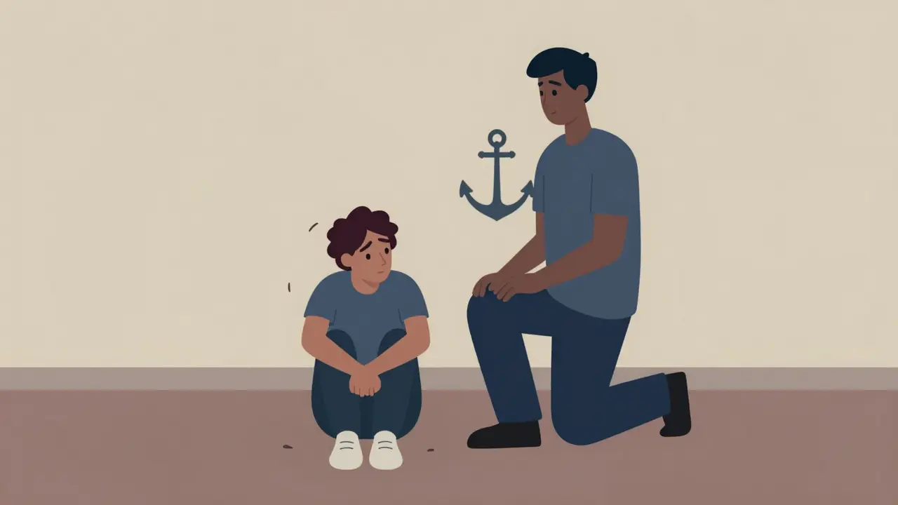 Kresba v stylu Adult Swim znázorňující člověka jako stabilní kotvu pro osobu v krizi.