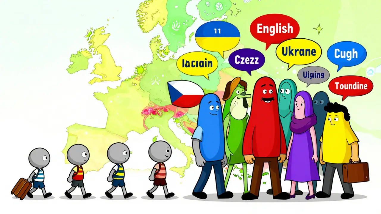 Kresba znázornující osobní růst a emocionální odolnost expata v ČR.