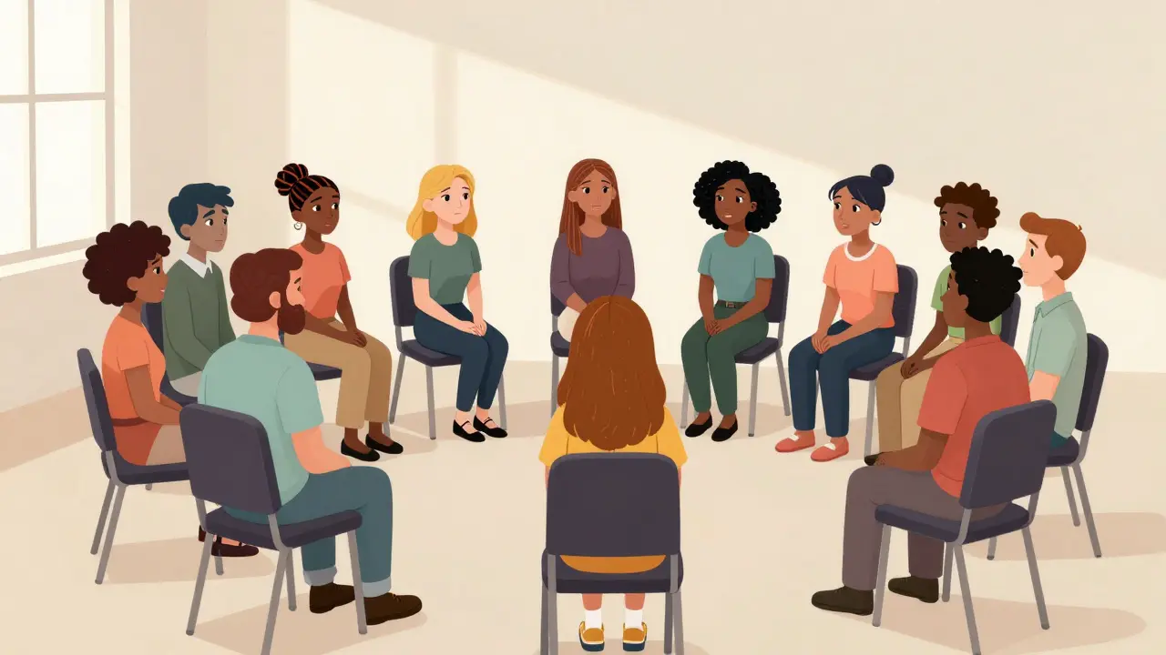 Kreslená skupinová terapie v komunitě s postavami s výraznými emocemi.