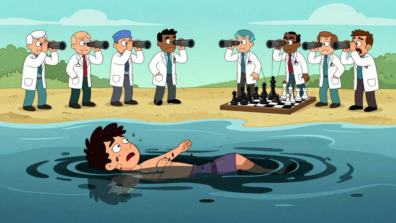 Kreslený obraz v stylu Adult Swim znázornující emoční bolest vnímánou jako manipulativní hra.