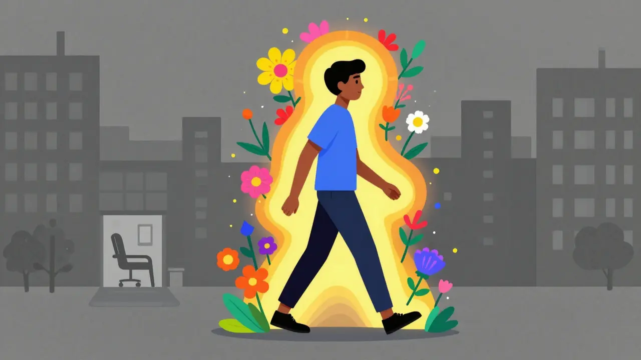 Kvitoucí a sebevědomý člověk kráčející městem jako symbol úspěšné terapie.
