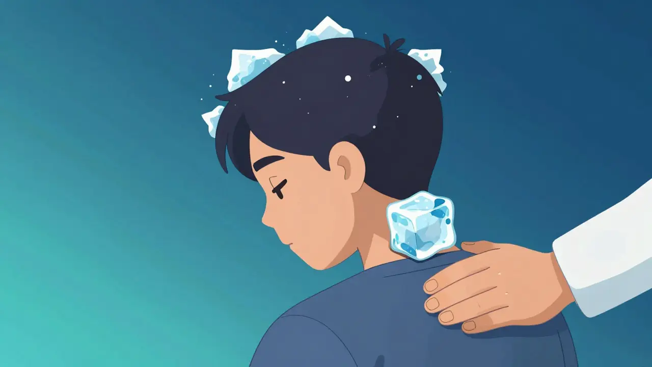 Osoba používající kostku ledu na zátylku k zastavení paniky.