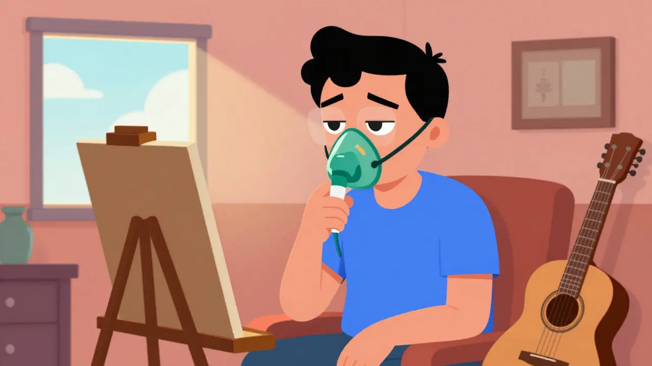 Osoba s kyslíkovou maskou v místnosti plné koníčků jako symbol péče o sebe.