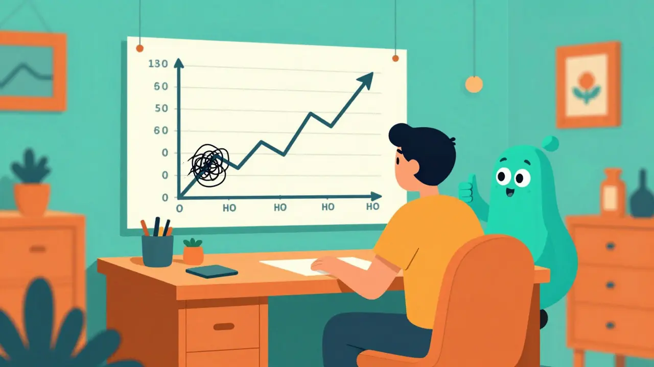 Osoba sledující graf svého pokroku s vtipným doprovodným stvořením u stolu.