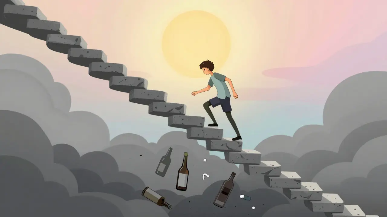 Postava vystupující po schodech z temnoty k jasnému slunci, symbolizující zotavení.