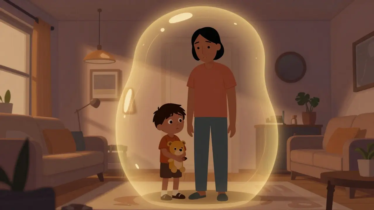 Rodič a dítě v bezpečné bublině stability v minimalistickém interiéru.