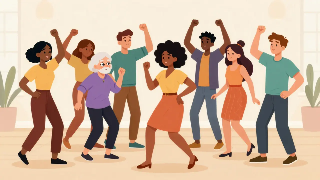 Skupina lidí v studiu vyjádřující své emoce skrze spontánní pohyb.