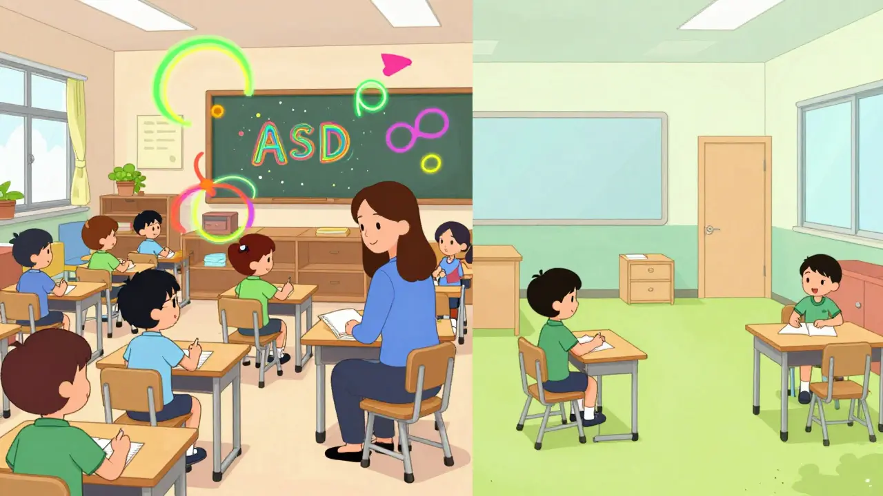 Srovnání hlučného inkluzivního třídy a klidného prostředí speciální školy.