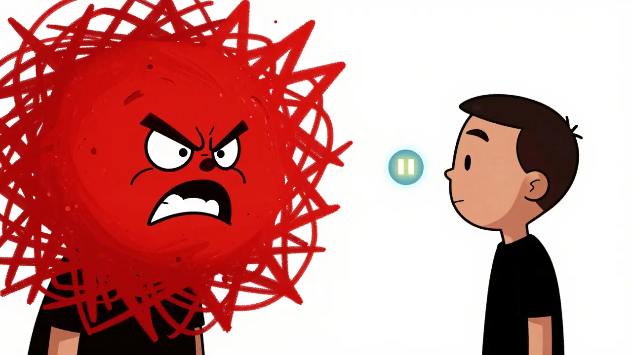 Srovnání vnitřního chaosu a momentu klidu s tlačítkem pauzy před reakcí.